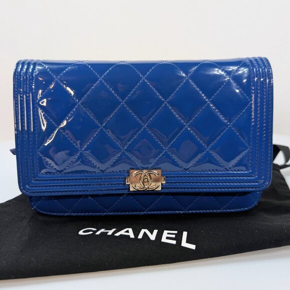Chanel Bright Blue Boy Patent Leather Wallet On Chain (WOC) - Picture 16 of 16